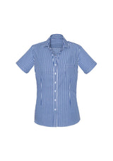 Springfield Ladies Short Sleeve Shirt in French Navy, featuring a chic 'Y' neck, action back tucks, and yarn-dyed check pattern.