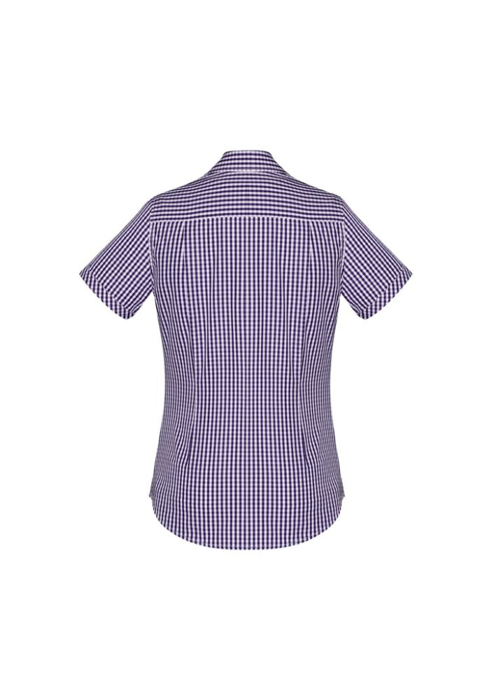 Springfield ladies short sleeve shirt in purple check, featuring a chic open neck and practical front pocket, ideal for business casual.