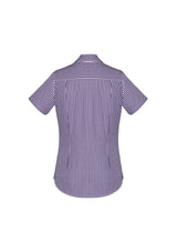 Springfield ladies short sleeve shirt in purple check, featuring a chic open neck and practical front pocket, ideal for business casual.