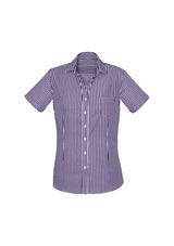 Springfield Ladies Short Sleeve Shirt in purple check with semi-fitted cut, open neck, action back, and front pocket for style and comfort.