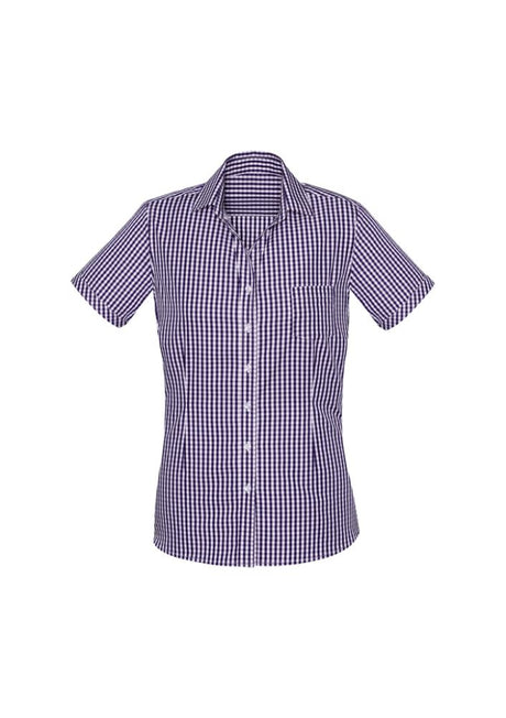 Vibrant purple short sleeve shirt with check pattern, semi-fitted design, open neck, and front pocket for versatile wear.