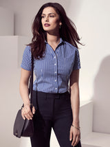 French Navy short sleeve shirt featuring bold check pattern, semi-fitted style, and practical front pocket, ideal for casual or professional wear.