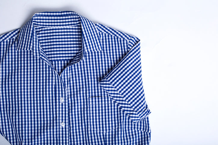 Springfield Ladies Short Sleeve Shirt in French Navy, featuring a semi-fitted style, open neck, and bold check pattern.