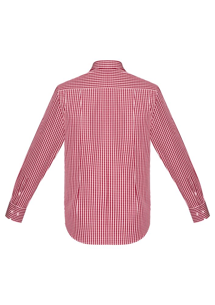 Men's Cardinal long sleeve shirt, 100% cotton, executive fit, yarn-dyed check, button collar, front pocket, versatile style.