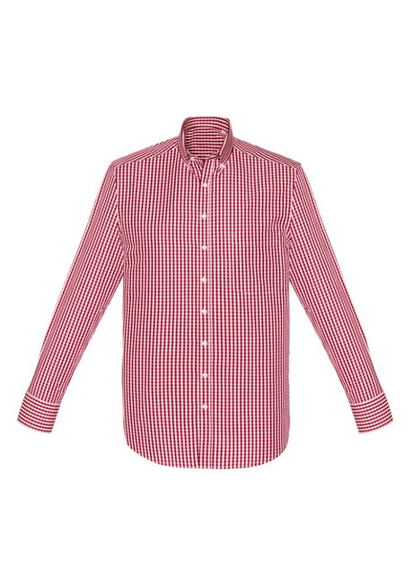 Springfield Men's Cardinal Long Sleeve Shirt in XS, featuring a yarn-dyed check pattern, button collar, and front pocket.