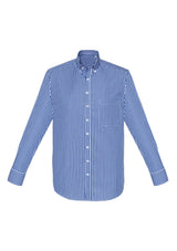 French navy long sleeve shirt for men, featuring a yarn-dyed check pattern and executive-fit design for comfort and style.