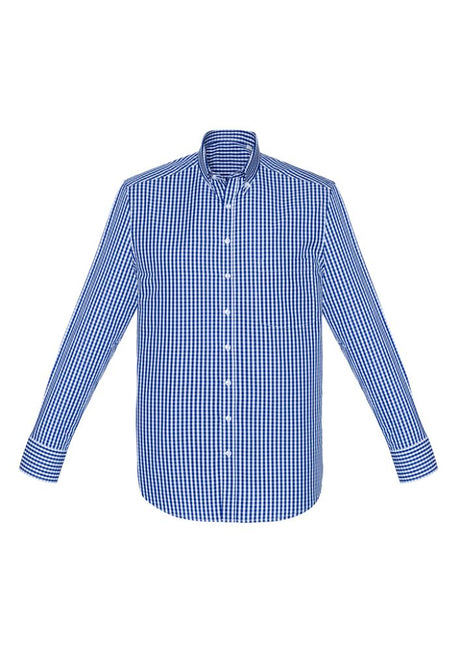 French navy long sleeve shirt for men, featuring a yarn-dyed check pattern and executive-fit design for comfort and style.