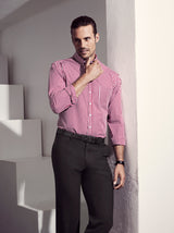 Springfield men's long sleeve shirt in cardinal, featuring a check pattern, button collar, and easy-care 100% cotton fabric.