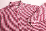 Red long sleeve men's shirt in 3XL, featuring a check pattern, button-down collar, and front pocket for stylish comfort.