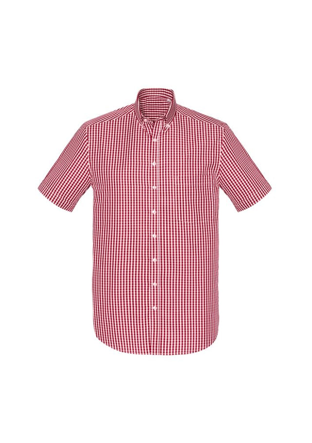 Springfield Men's Short Sleeve Shirt in Cardinal, 2XL; features yarn-dyed check, button collar, and comfortable Easy Care Cotton.