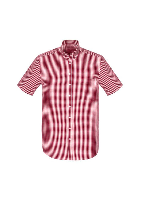 Springfield Men's Cardinal Short Sleeve Shirt in 3XL, featuring yarn-dyed check, button collar, and front pocket for comfort and style.