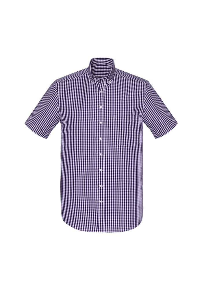 Purple Reign short sleeve shirt in 5XL, featuring yarn-dyed check, button collar, and front pocket for comfort and style.