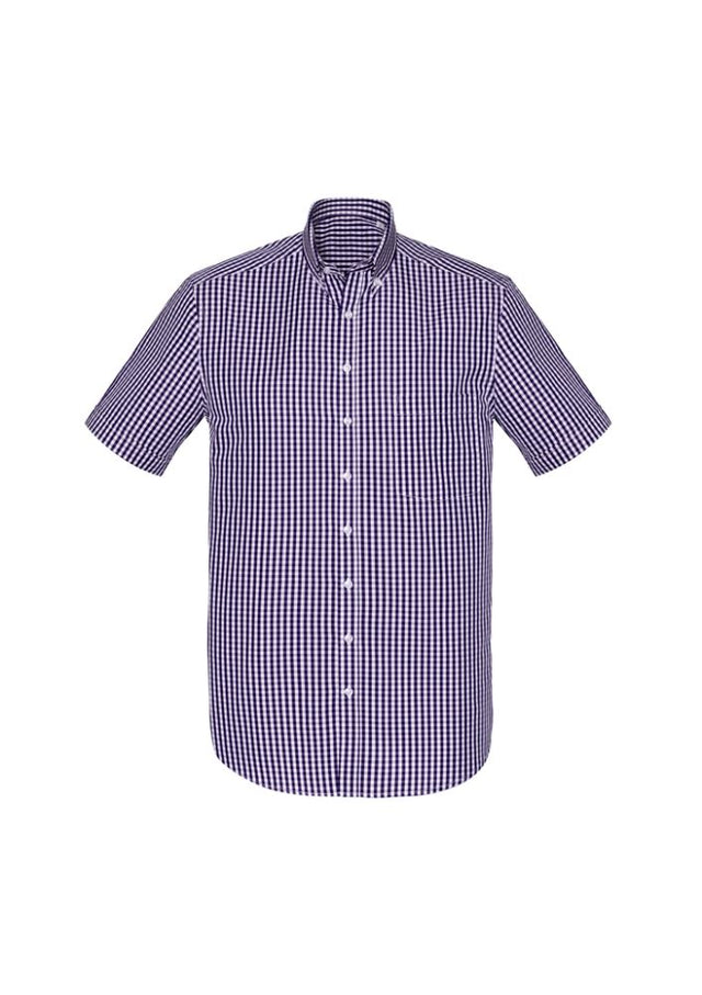 Purple Reign short sleeve shirt in 5XL, featuring yarn-dyed check, button collar, and front pocket for comfort and style.
