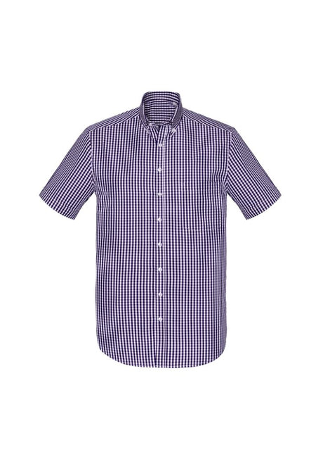 Springfield Men's Short Sleeve Shirt in Purple Reign with yarn-dyed check, button collar, and front pocket for stylish comfort.