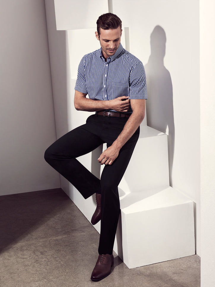 Springfield Men's Short Sleeve Shirt in French Navy, featuring a yarn-dyed check pattern, button collar, and front pocket.