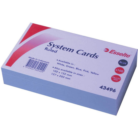 Blue ESSELTE system cards, 127x76mm, pack of 100, ruled on both sides, made from sturdy 200gsm board for organization and note-taking.