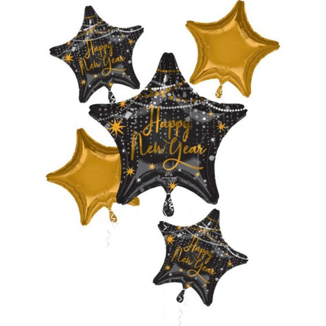 Vibrant pack of 5 self-sealing foil balloons celebrating New Year's Eve with a festive midnight hour theme.