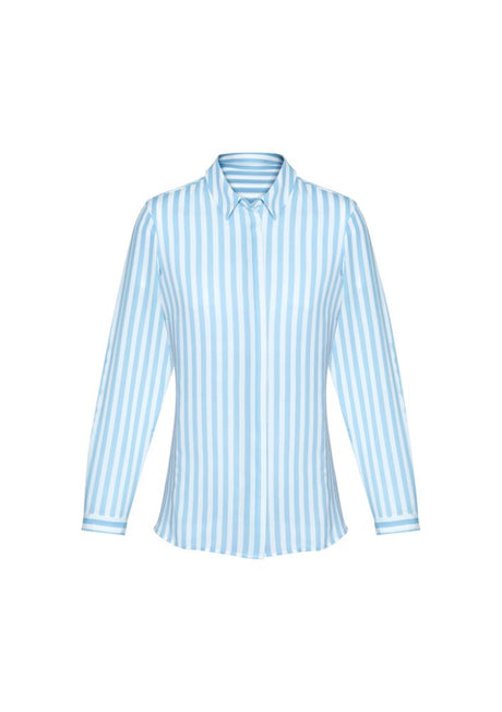 Verona Ladies Long Sleeve Shirt in Alaskan Blue, featuring a semi-fitted design and inverted back pleat for comfort and style.