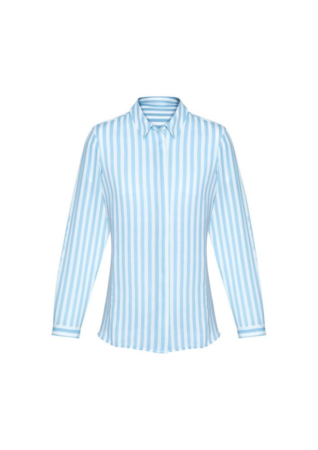 Verona Ladies Long Sleeve Shirt in Alaskan Blue, featuring a semi-fitted design and inverted back pleat for comfort and style.