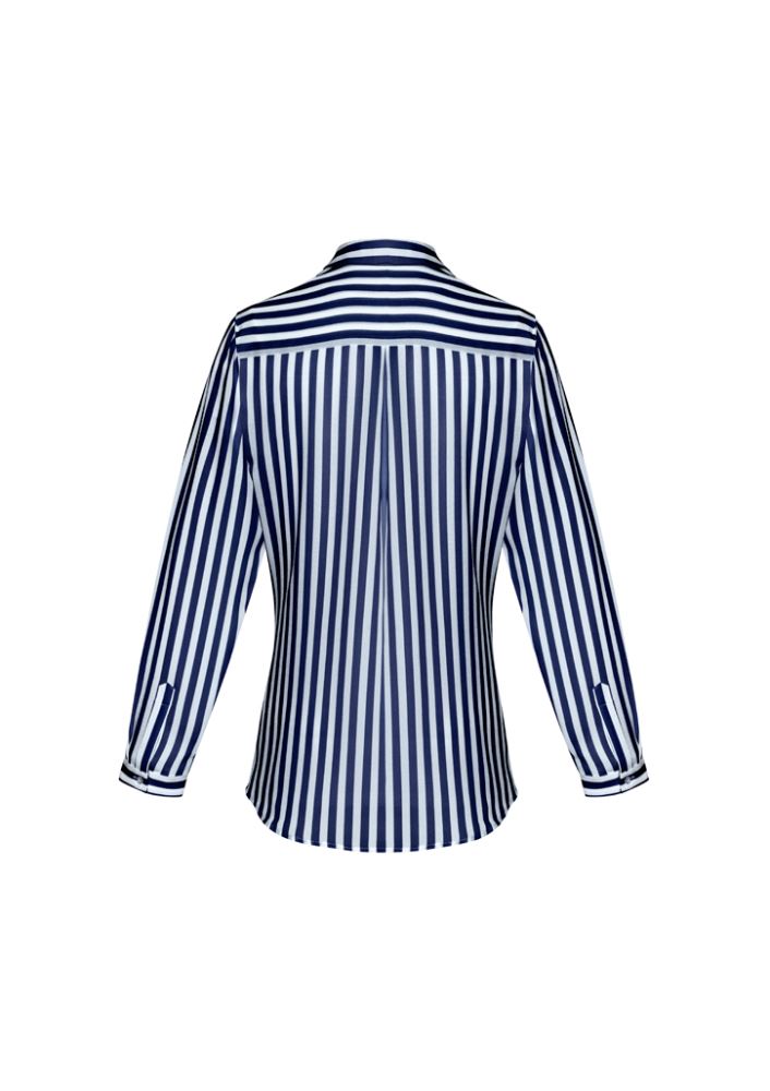 Navy long sleeve shirt for women, semi-fitted with inverted back pleat, crafted from soft 100% polyester for comfort and style.