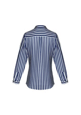 Navy long sleeve shirt for women, semi-fitted with inverted back pleat, crafted from soft 100% polyester for comfort and style.