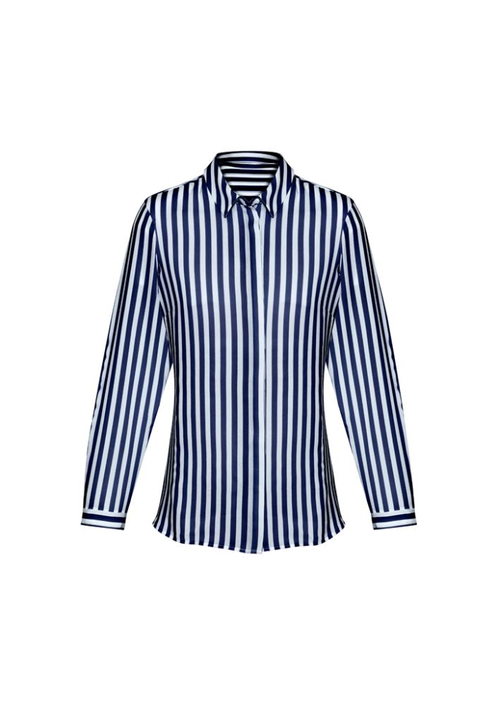 Navy long sleeve shirt for women, made of premium polyester with a concealed button front and flattering drape.