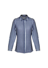 Navy long sleeve shirt for women, made of premium polyester with a concealed button front and flattering drape.