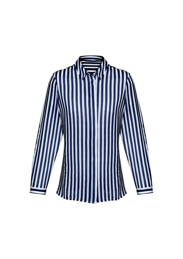 Navy long sleeve shirt for women, made of premium polyester with a concealed button front and flattering drape.