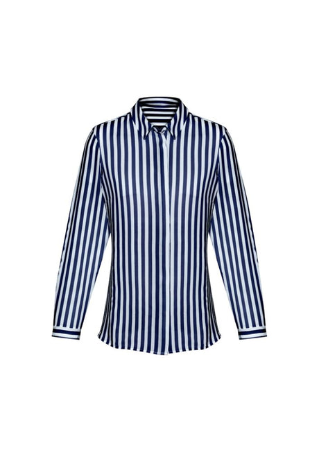 Navy long sleeve ladies shirt in size 16 with a semi-fitted design, hidden buttons, and stylish inverted back pleat.
