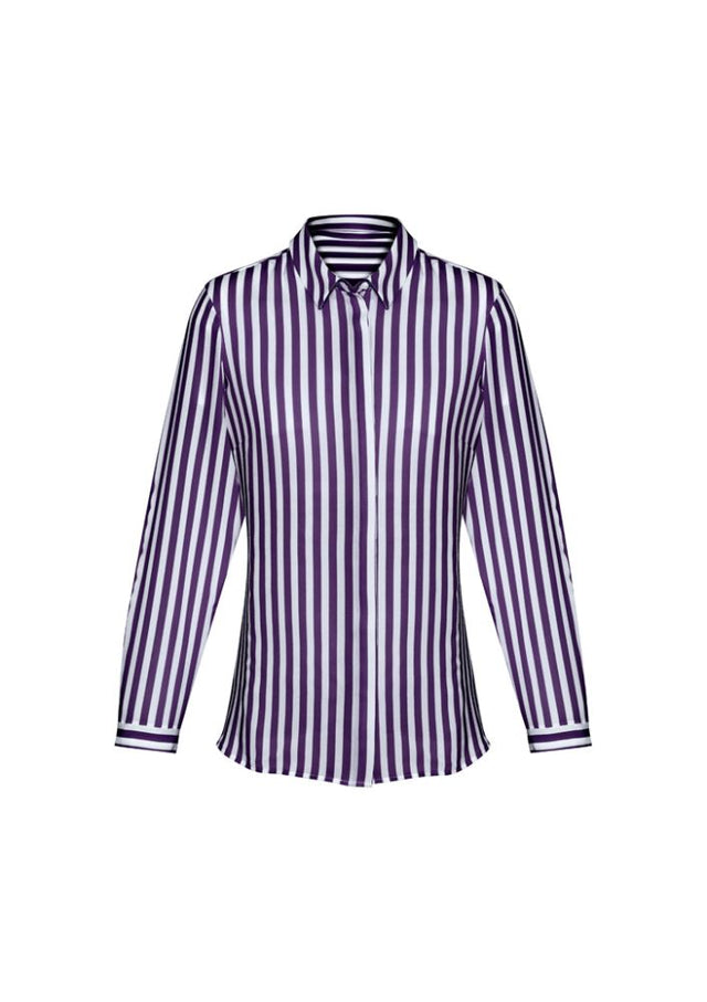 Verona Ladies Long Sleeve Shirt in rich purple, featuring luxe touch fabric, semi-fitted design, and stylish inverted back pleat.