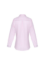Soft melon long sleeve shirt for women, semi-fitted with concealed buttons and inverted back pleat by Biz Collection.