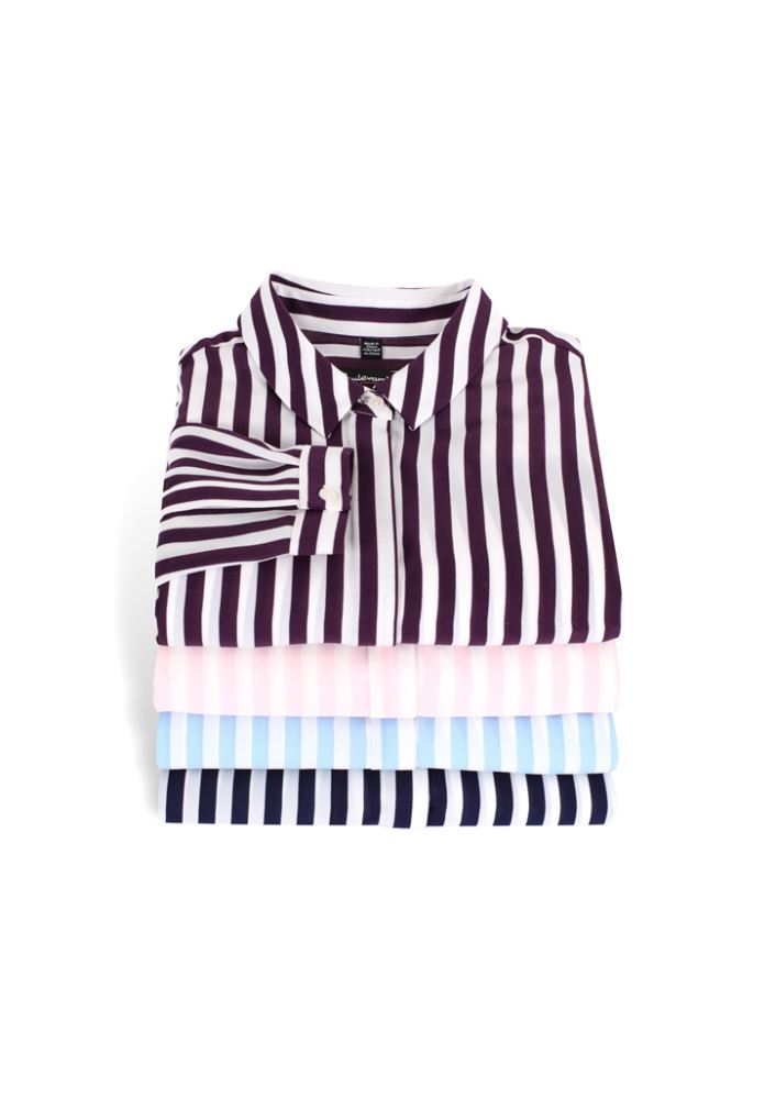 Navy long sleeve shirt for women, semi-fitted with concealed buttons, Luxe touch fabric, perfect for casual or business wear.