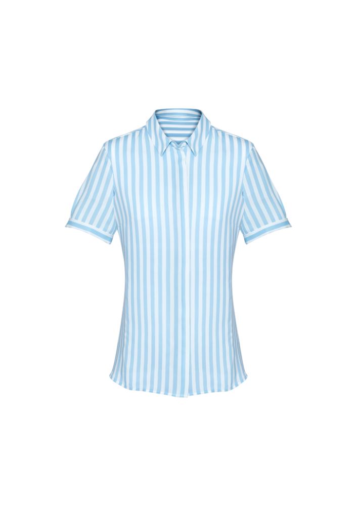 Alaskan Blue Verona Ladies Short Sleeve Shirt, semi-fitted with luxe polyester fabric and elegant drape, sizes 4-26.