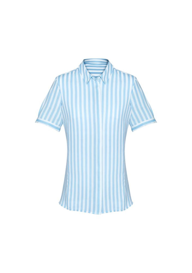 Verona Ladies Short Sleeve Shirt in Alaskan Blue, featuring a semi-fitted design and concealed buttons for stylish versatility.