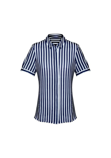 Navy short sleeve semi-fitted shirt for women, featuring an inverted back pleat for elegance and comfort from Biz Collection.