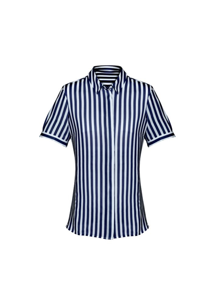 Navy semi-fitted short sleeve shirt for women, crafted from 100% polyester with a stylish drape and inverted back pleat.