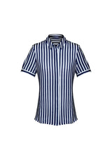 Navy semi-fitted short sleeve shirt for women, featuring concealed buttons and inverted back pleat, by Biz Collection.