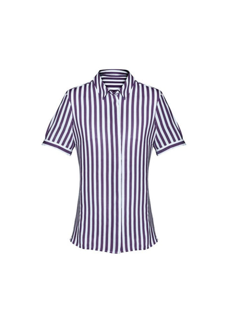 Purple Reign ladies' short sleeve shirt, size 18, featuring a semi-fitted style, luxe fabric, and inverted back pleat for chic elegance.