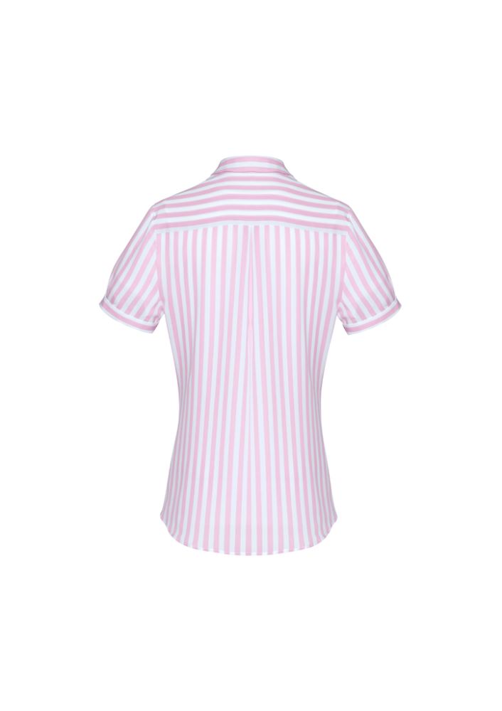 Verona Ladies Short Sleeve Shirt in Soft Melon, featuring a chic design, concealed buttons, and a flattering drape for any occasion.