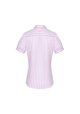 Verona Ladies Short Sleeve Shirt in Soft Melon, featuring a chic design, concealed buttons, and a flattering drape for any occasion.