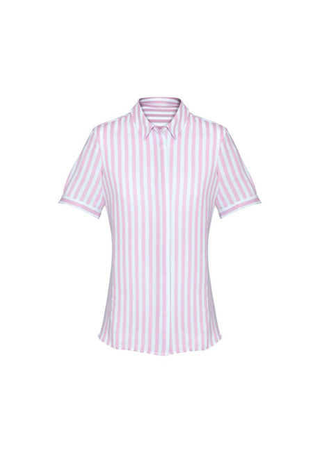 Soft Melon short sleeve shirt for women, featuring a semi-fitted design, luxurious polyester fabric, and elegant inverted back pleats.