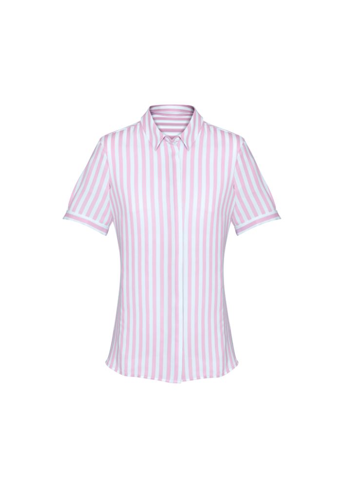 Soft Melon Verona Ladies Short Sleeve Shirt, semi-fitted with concealed buttons and inverted back pleat for stylish comfort.