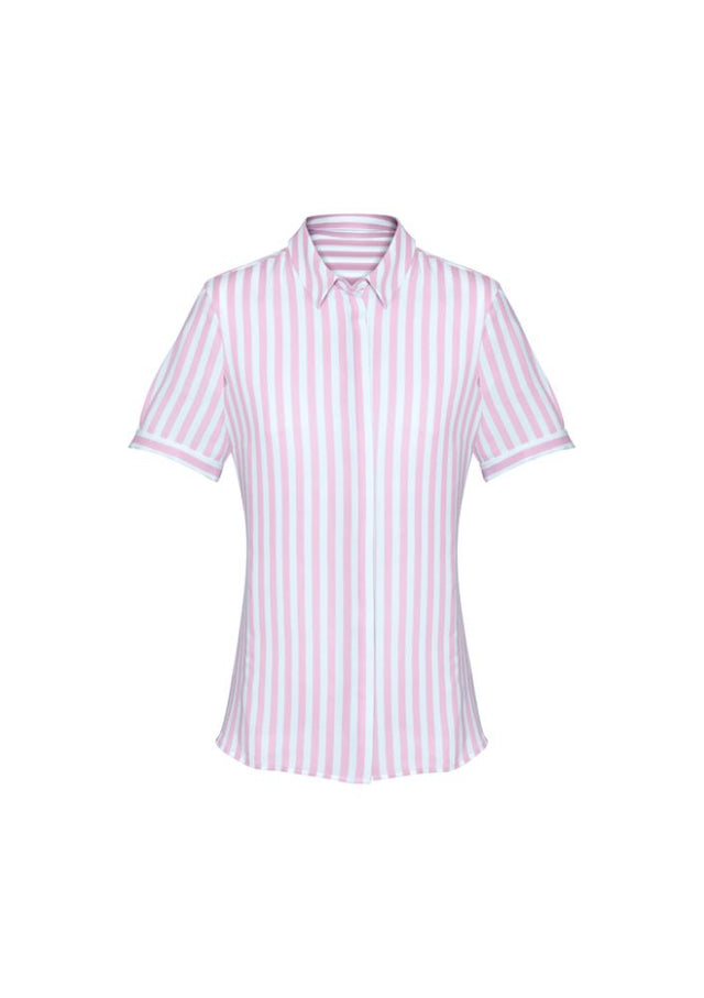 Soft Melon short sleeve shirt featuring a semi-fitted design, concealed buttons, and luxurious drape for stylish comfort.