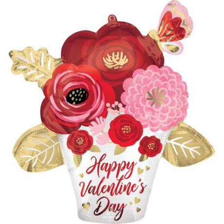 Vibrant satin finish foil balloon featuring painted flowers, perfect for Valentine's Day celebrations, measuring 66cm x 66cm.