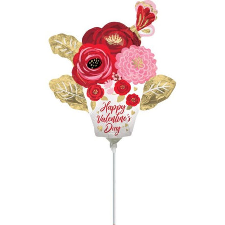 Mini shape foil balloon with vibrant satin-painted flowers for Valentine's Day celebrations. Perfect for romantic decor.