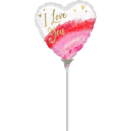 Elegant 10cm foil balloon featuring a vibrant I Love You geode watercolour design, perfect for celebrations and romantic occasions.