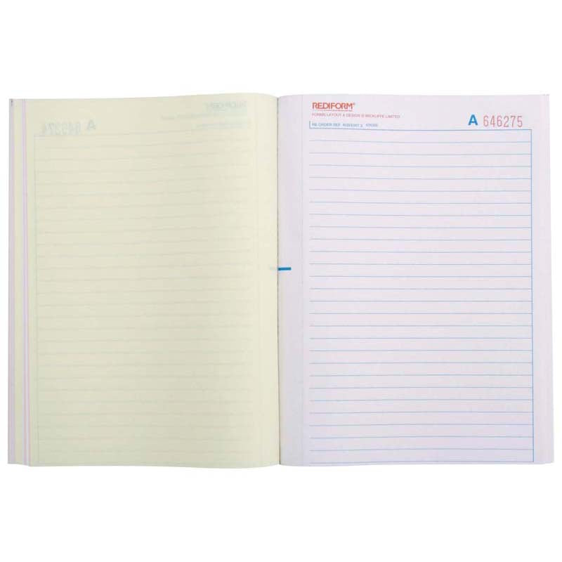 Vibrant red notebook with feint ruled pages, 50 leaves in triplicate for organized note-taking and efficient documentation.