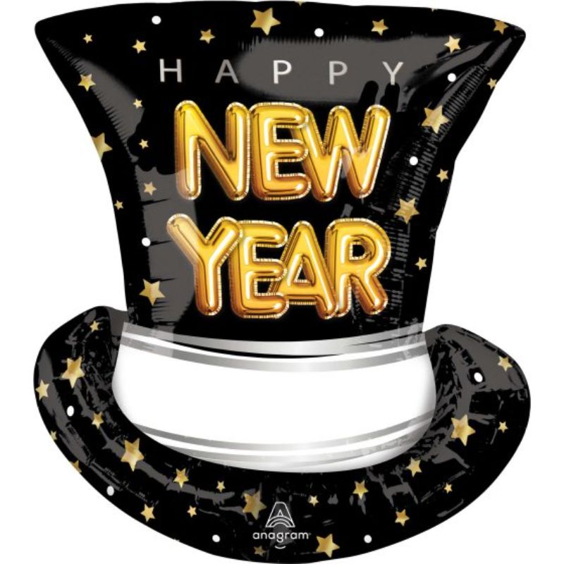 Self-sealing foil balloon shaped like a top hat, featuring "Pop Clink Cheers" design, perfect for New Year's celebrations.