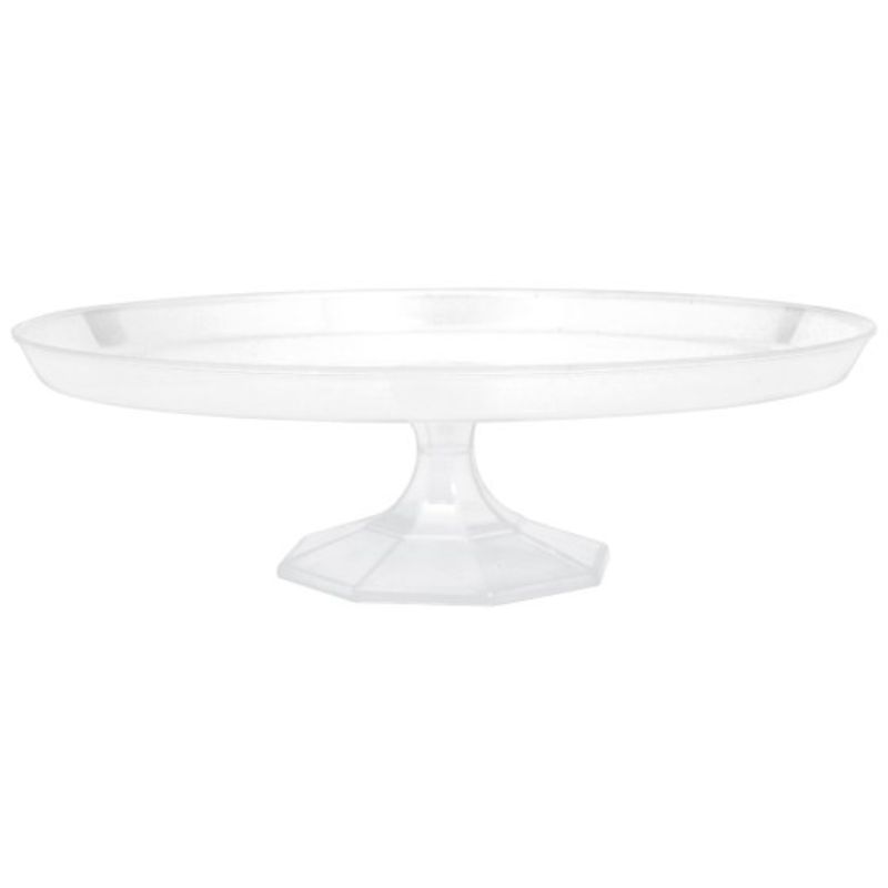 Clear plastic dessert stand, 29cm diameter, ideal for showcasing cakes and pastries at events, reusable and eco-friendly.