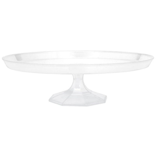 Clear plastic dessert stand, 29cm diameter, ideal for showcasing cakes and pastries at events, reusable and eco-friendly.